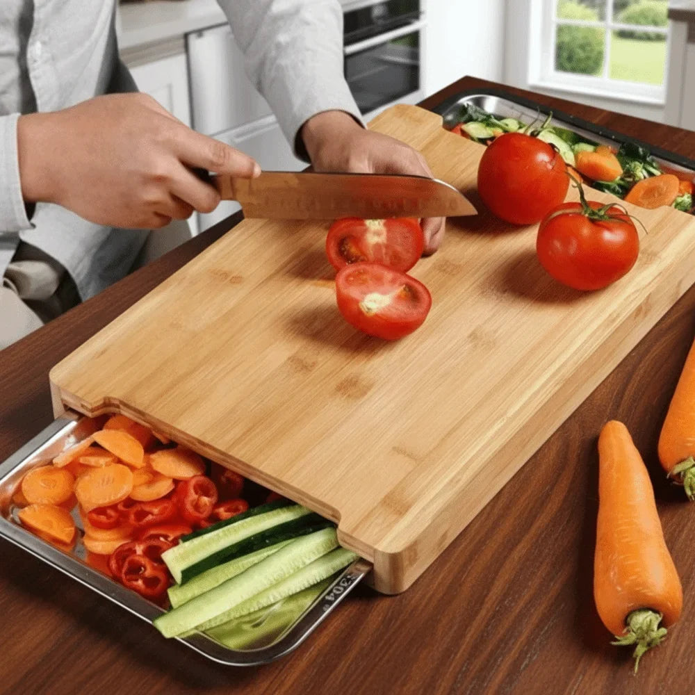 Drawer Cutting Board with Non Slip Wooden Surface and Pull Out Storage Trays for Kitchen Prep