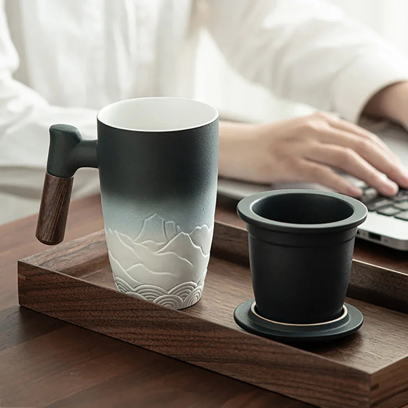 Ceramic Mug with Cover and Wooden Handle for Tea, Coffee, or Hot Beverages in Home and Office Use