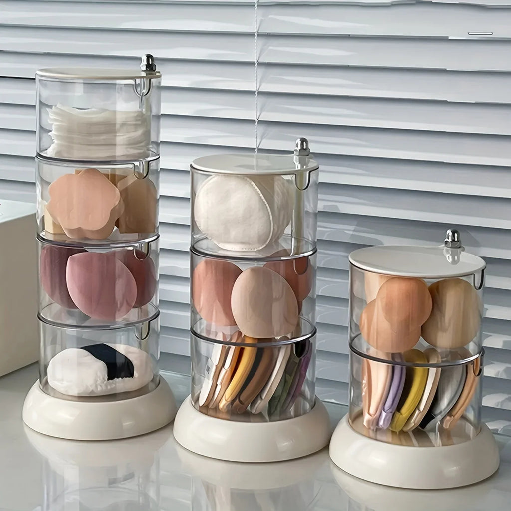 Rotatable Stackable Makeup Sponge Organizer with Dustproof Clear Storage Design for Vanity and Cosmetics
