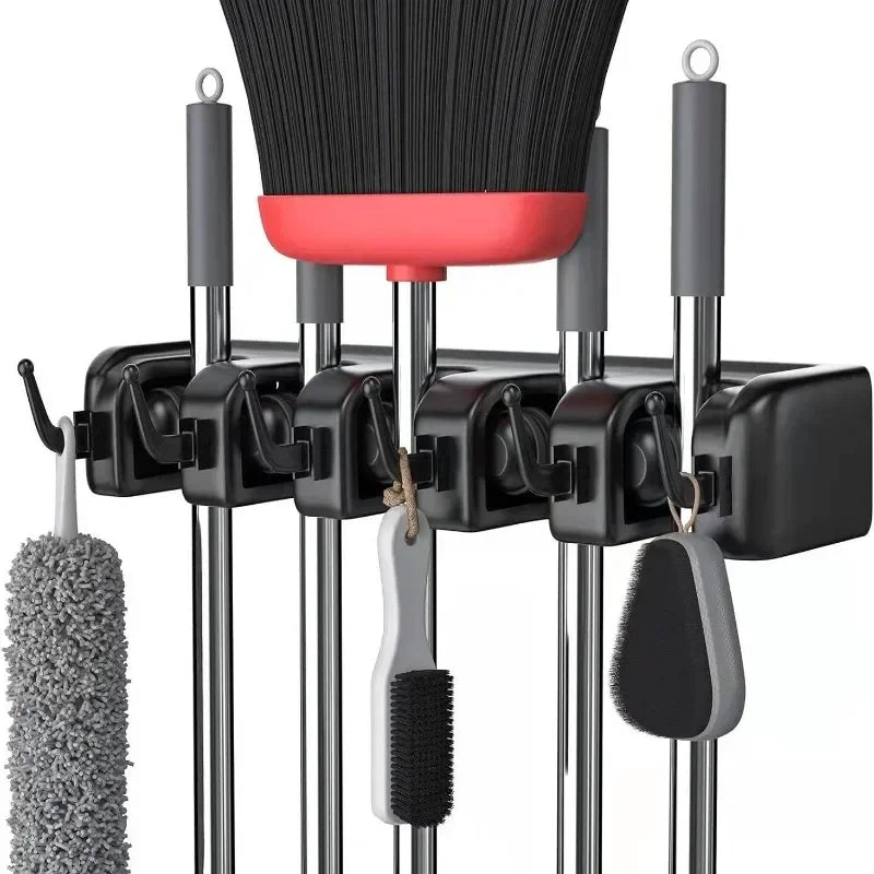 Wall Mounted Mop Holder with Multi Position Slots and Hooks for Broom and Cleaning Tool Storage