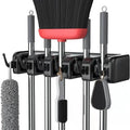 Wall Mounted Mop Holder with Multi Position Slots and Hooks for Broom and Cleaning Tool Storage