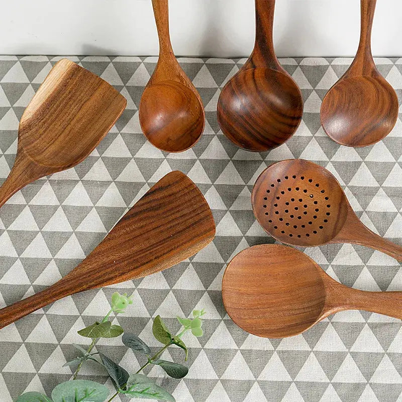 6 Piece Teak Wooden Kitchen Utensils Set Non Stick Cooking Tools with Spatula and Spoons