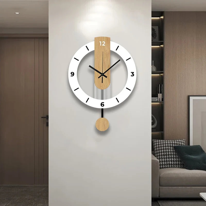 Wood Grain Pendulum Clock with Silent Acrylic Design for Living Room Bedroom Kitchen and Office Decor