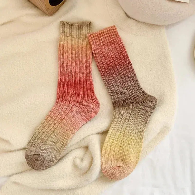 Gradient Wool Cashmere Long Knit Socks for Women with Thick Thermal Knit for Autumn and Winter Wear