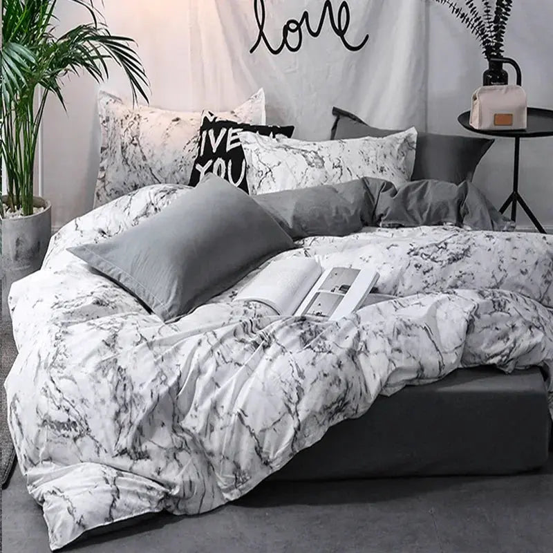 Dark Marble Print Duvet Cover Set with Zipper Closure and Matching Shams for Modern Bedroom Styling