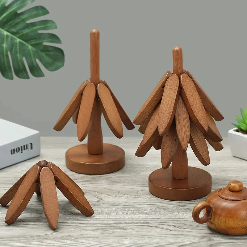 4 Piece Wooden Tree Trivet Set Heat Resistant Table Mat Coasters for Pots and Pans