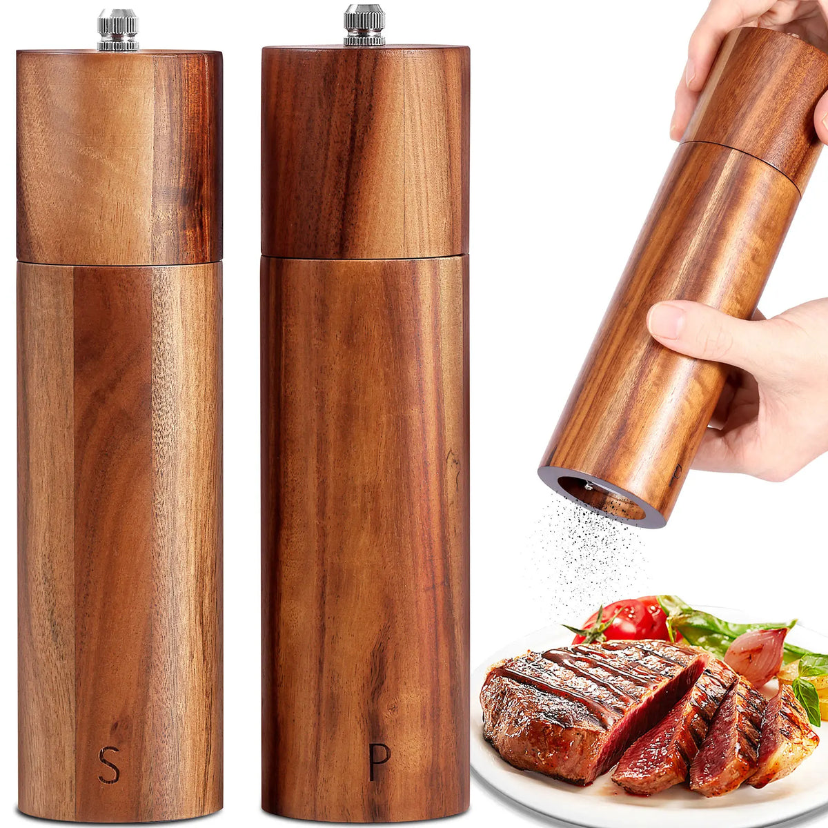 Wooden Pepper Grinder Set with Adjustable Coarseness Design for Sea Salt Peppercorns and Kitchen Seasoning