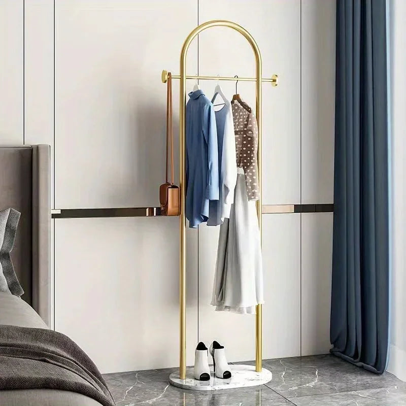 Metal Free-Standing Clothes Hanger with Marble Base, Minimalist Bedroom Coat Rack with Storage Shelf for Garments and Accessories