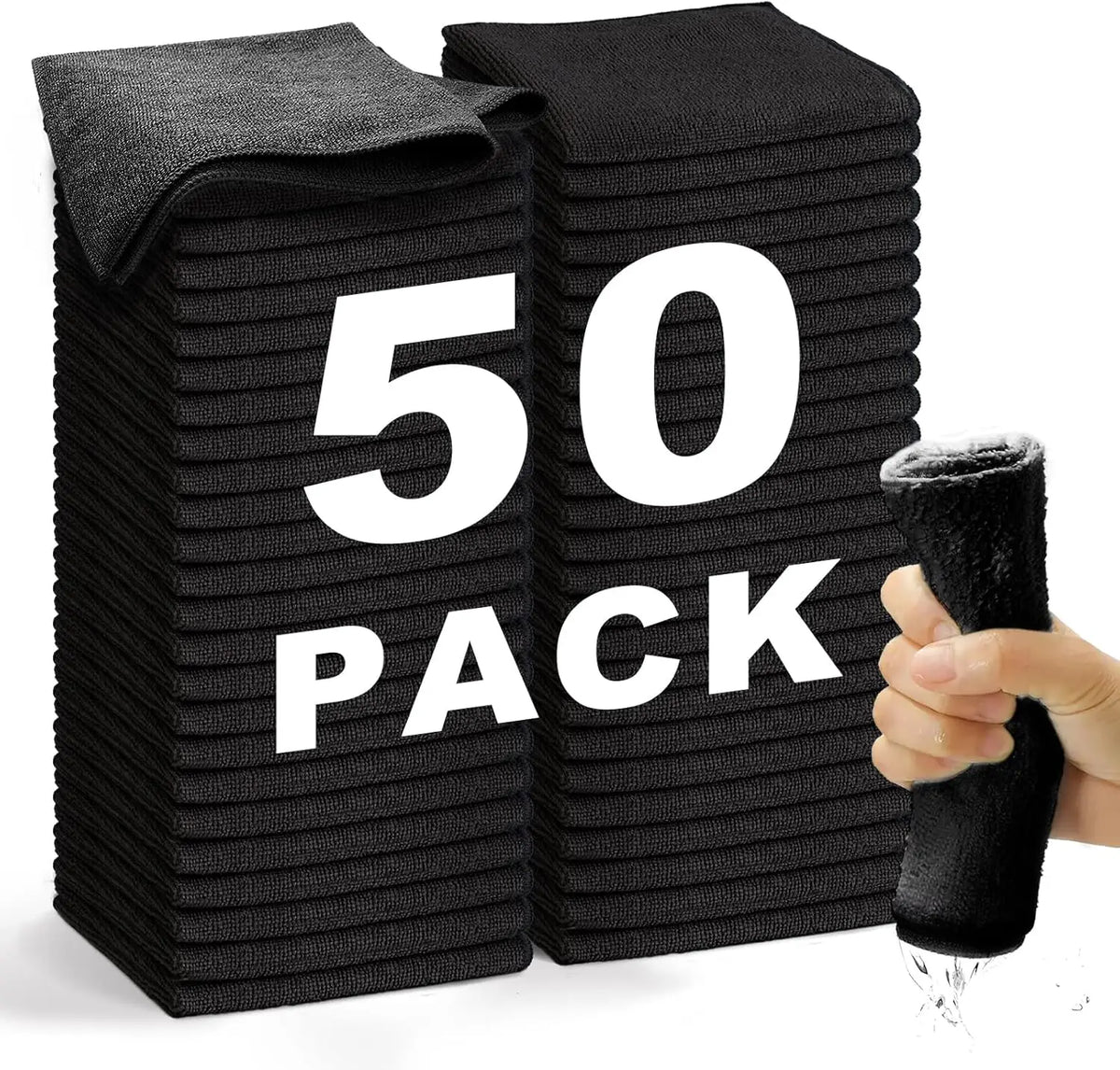 Black Microfiber Cleaning Cloth Set with Soft Lint Free Absorbent Fabric for Household Kitchen Office and Car Cleaning