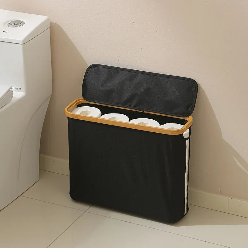 Toilet Paper Storage Basket with Bamboo Lid and Transparent Window for Bathroom Organization