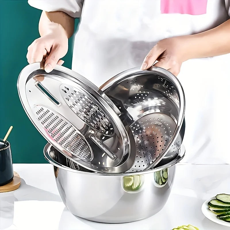 Stainless Steel Slicer Bowl Set with Colander and Grater Design for Fruit Vegetable Prep and Mixing