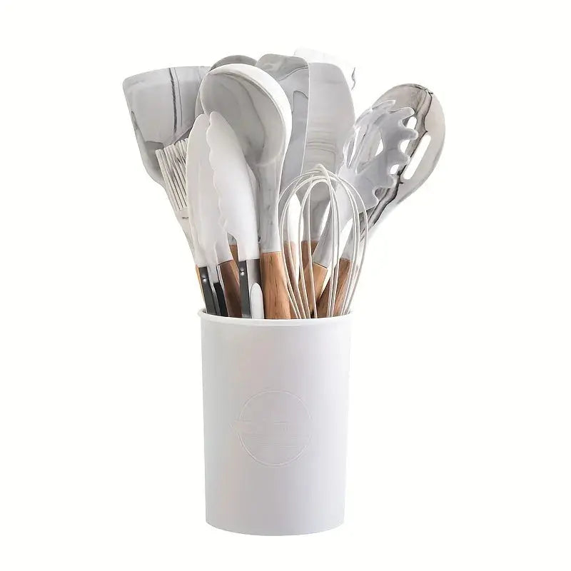 12 Piece Silicone Kitchen Utensils Set with Wooden Handles Non Stick Heat Resistant Cooking Tools