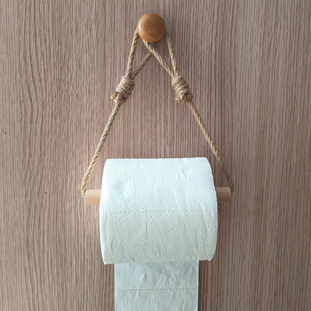 Rustic Rope Toilet Paper Holder with Wooden Wall Mounted Design for Bathroom Tissue Roll Organization (Exclude Paper)