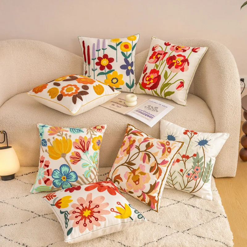 Embroidered Floral Throw Pillow Cover 18x18 Inch Cotton Canvas with Hidden Zipper for Sofa, Bed, and Living Room Decor