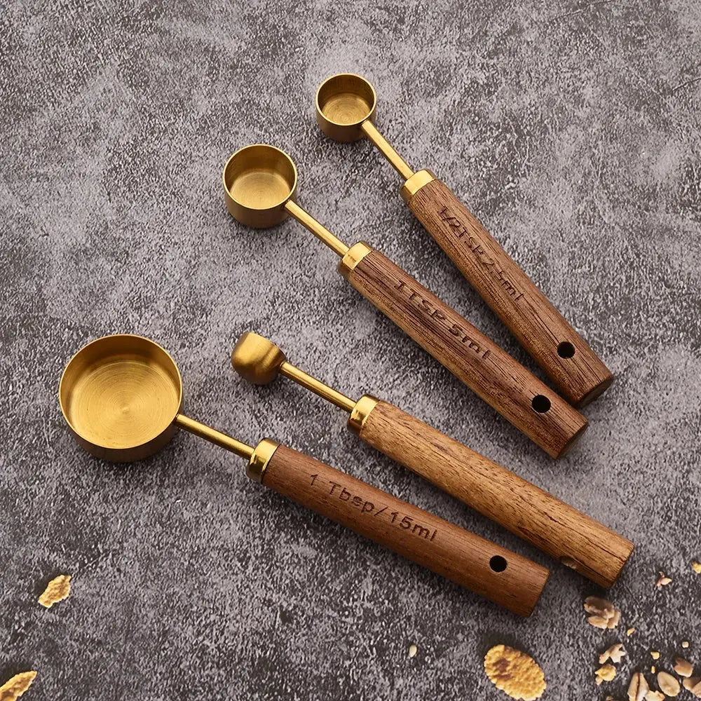 Gold Stainless Steel Measuring Cups and Spoons Set with Wooden Handles for Baking