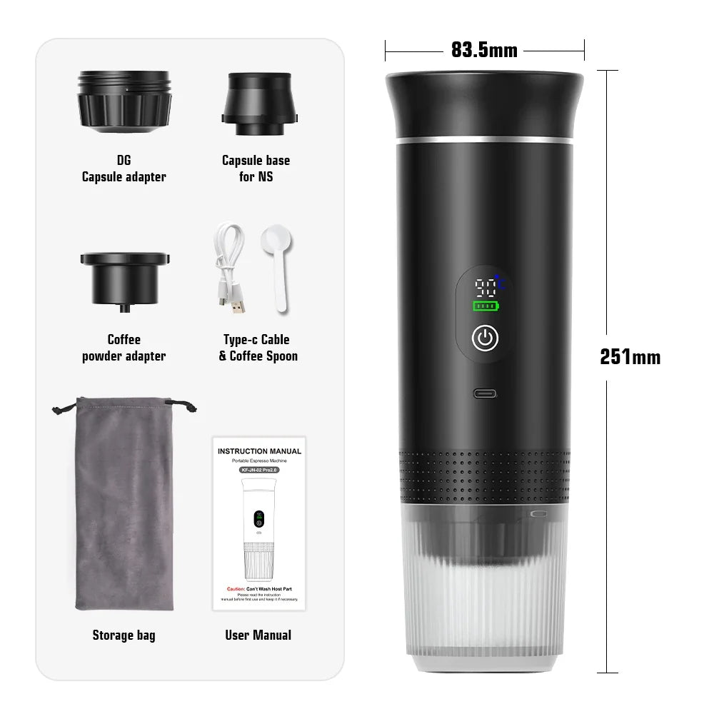 Portable Espresso Coffee Machine with Digital Display and 3 in 1 Capsule Design for Travel and Camping Use