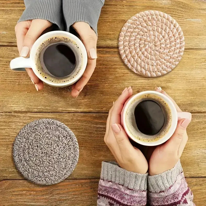 8 Piece Knitted Heat Resistant Coaster Set Spiral Pattern Tabletop Protector