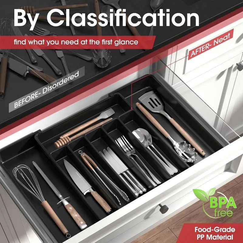 Adjustable Kitchen Drawer Organizer Tray Expandable Cutlery Divider for Forks Knives and Utensil Storage