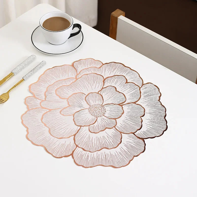 Nordic Style Peony Placemat Gold PVC Round Table Mat Anti Slip Waterproof Dining Table Decor