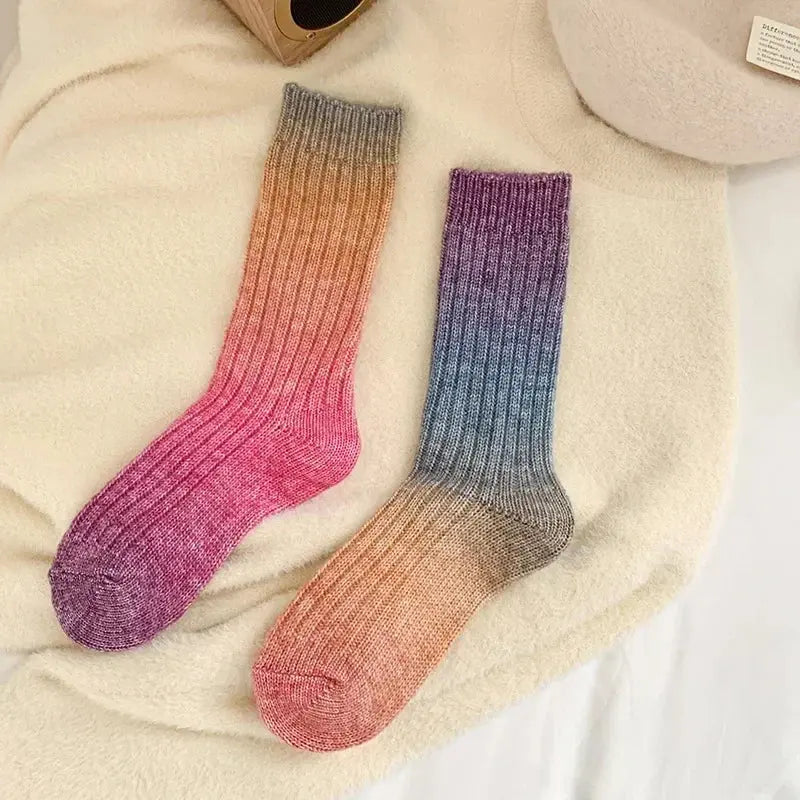 Gradient Wool Cashmere Long Knit Socks for Women with Thick Thermal Knit for Autumn and Winter Wear