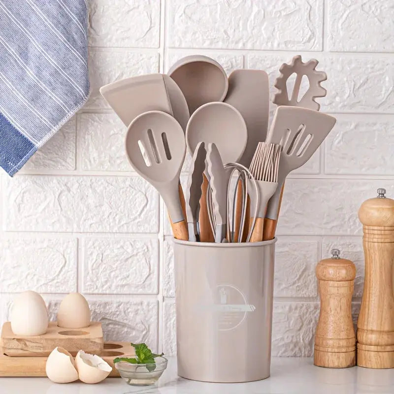 12 Piece Silicone Kitchen Utensils Set with Wooden Handles Non Stick Heat Resistant Cooking Tools