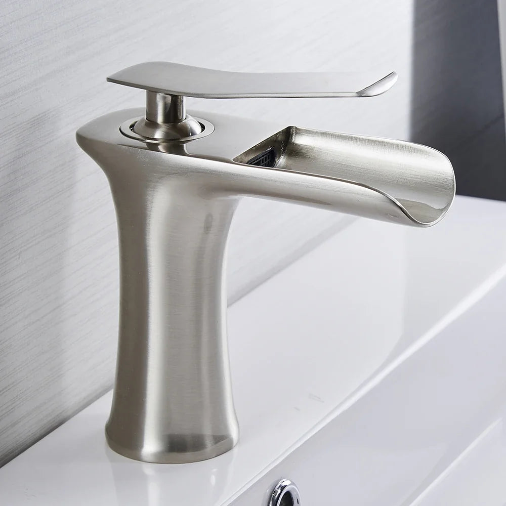Waterfall Basin Faucet with Single Handle Mixer Design for Bathroom Sink and Vanity Use