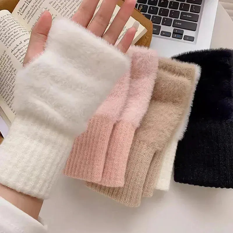 Women Fingerless Winter Gloves Soft Plush Knitted Wrist Mittens