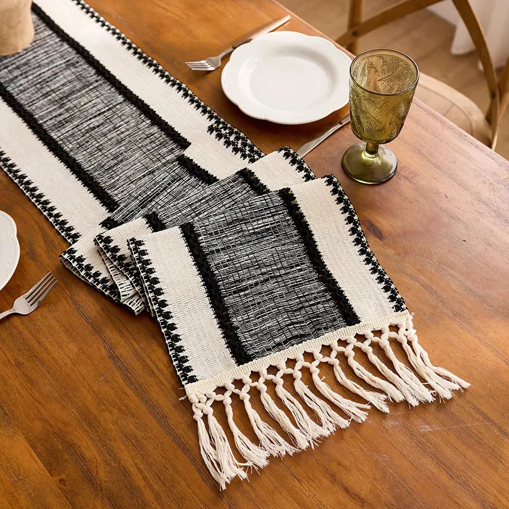 Brown Boho Macrame Table Runner with Tassels Farmhouse Dining Decor