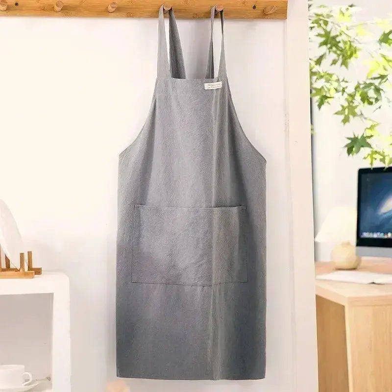 Japanese Korean Style Cross Back Cotton and Linen Apron with Pockets for Kitchen and Work