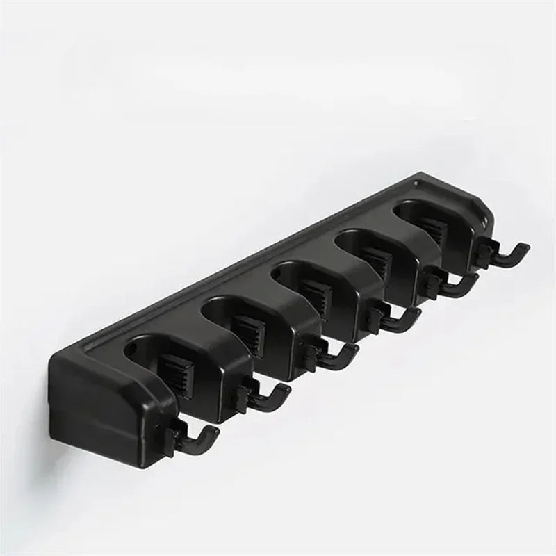 Wall Mounted Mop Holder with Multi Position Slots and Hooks for Broom and Cleaning Tool Storage