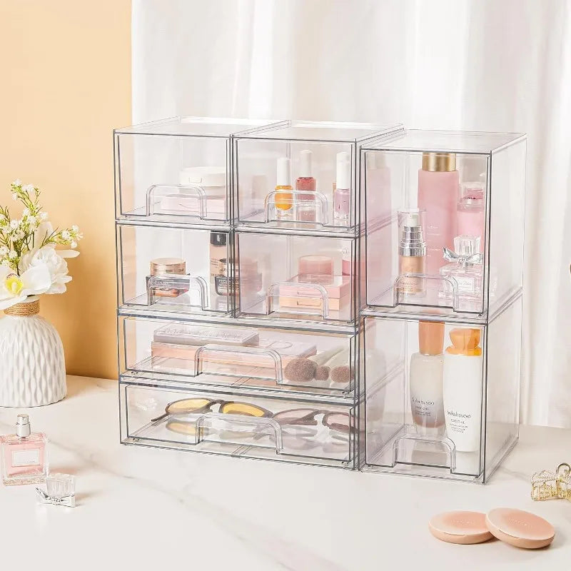 Stackable Storage Drawer Set Clear Plastic Organizer Bins for Vanity Bathroom Cabinet and Countertop Storage