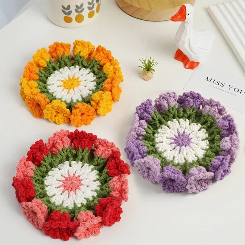 Rose Crochet Coasters with Plant Pot Holder for Coffee Table and Home Office Decor with Size 4.7×4.7×1.2" (12×12×3cm)