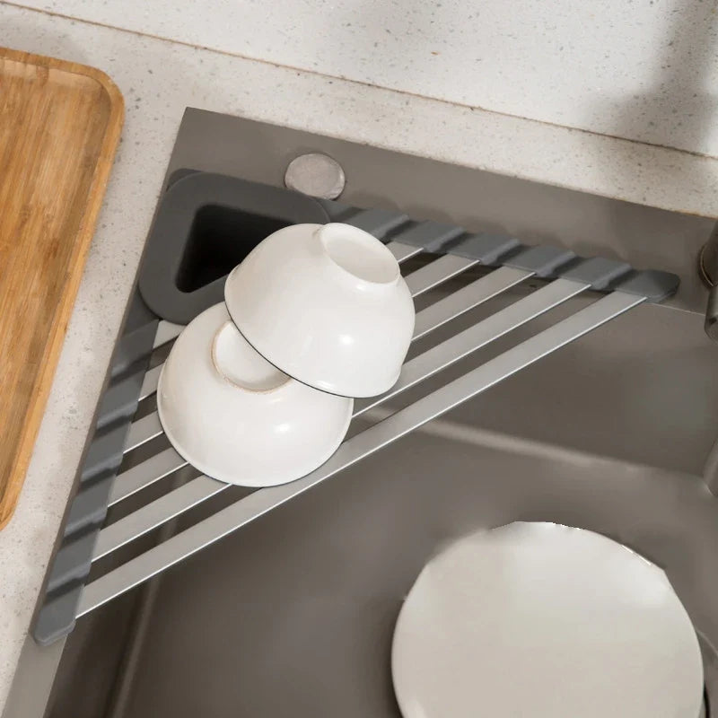 Silicone Triangular Sink Drain Rack with Folding Design for Kitchen Sponge and Utensil Storage