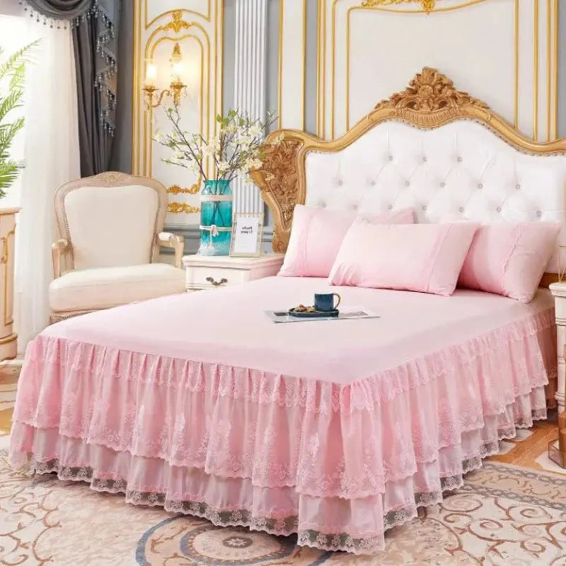 Three Layer Lace Ruffled Bed Skirt Non Slip Mattress Cover Dust Ruffle for Bedroom Use