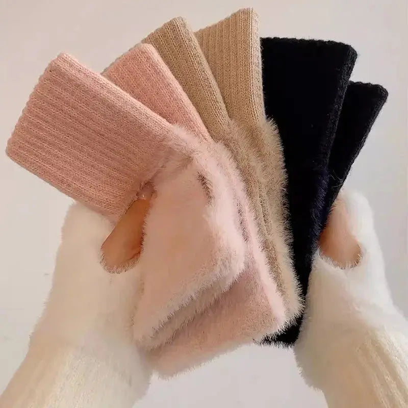Women Fingerless Winter Gloves Soft Plush Knitted Wrist Mittens