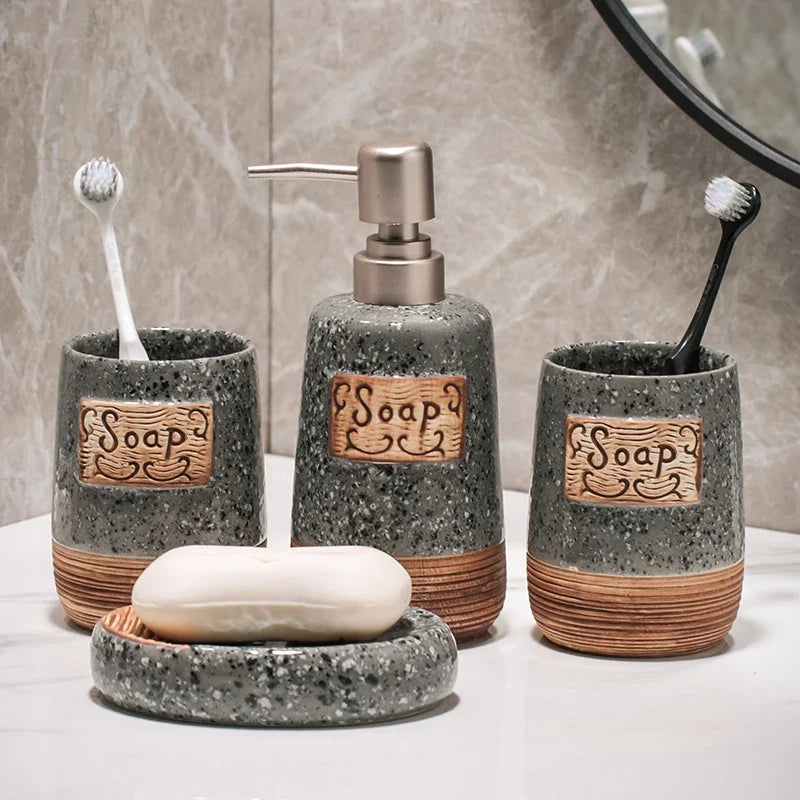 Ceramic Bathroom Accessory Set with Lotion Dispenser Cup Soap Dish and Countertop Holder