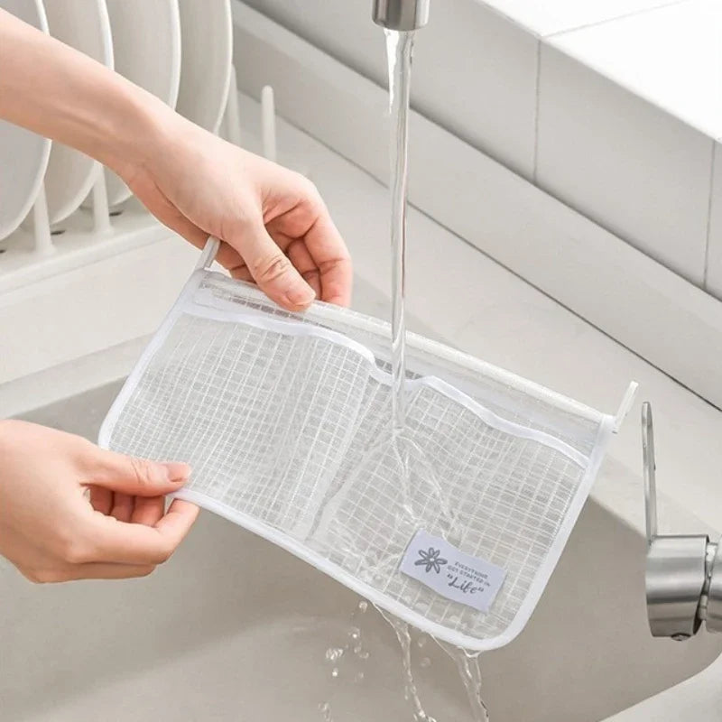 Refrigerator Mesh Organizer Bag with Double Compartment Hanging Design for Sauce Packet and Kitchen Storage