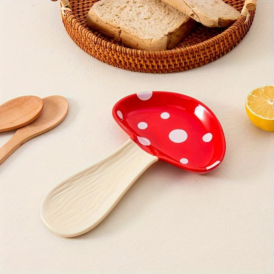 Mushroom Spoon Rest with Ceramic Heat Resistant Design for Kitchen Utensils and Countertop Use