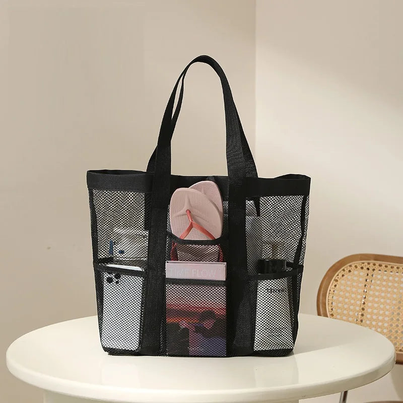Transparent Mesh Cosmetic Tote Bag with Portable Design for Travel Beach Bathroom and Toiletry Storage