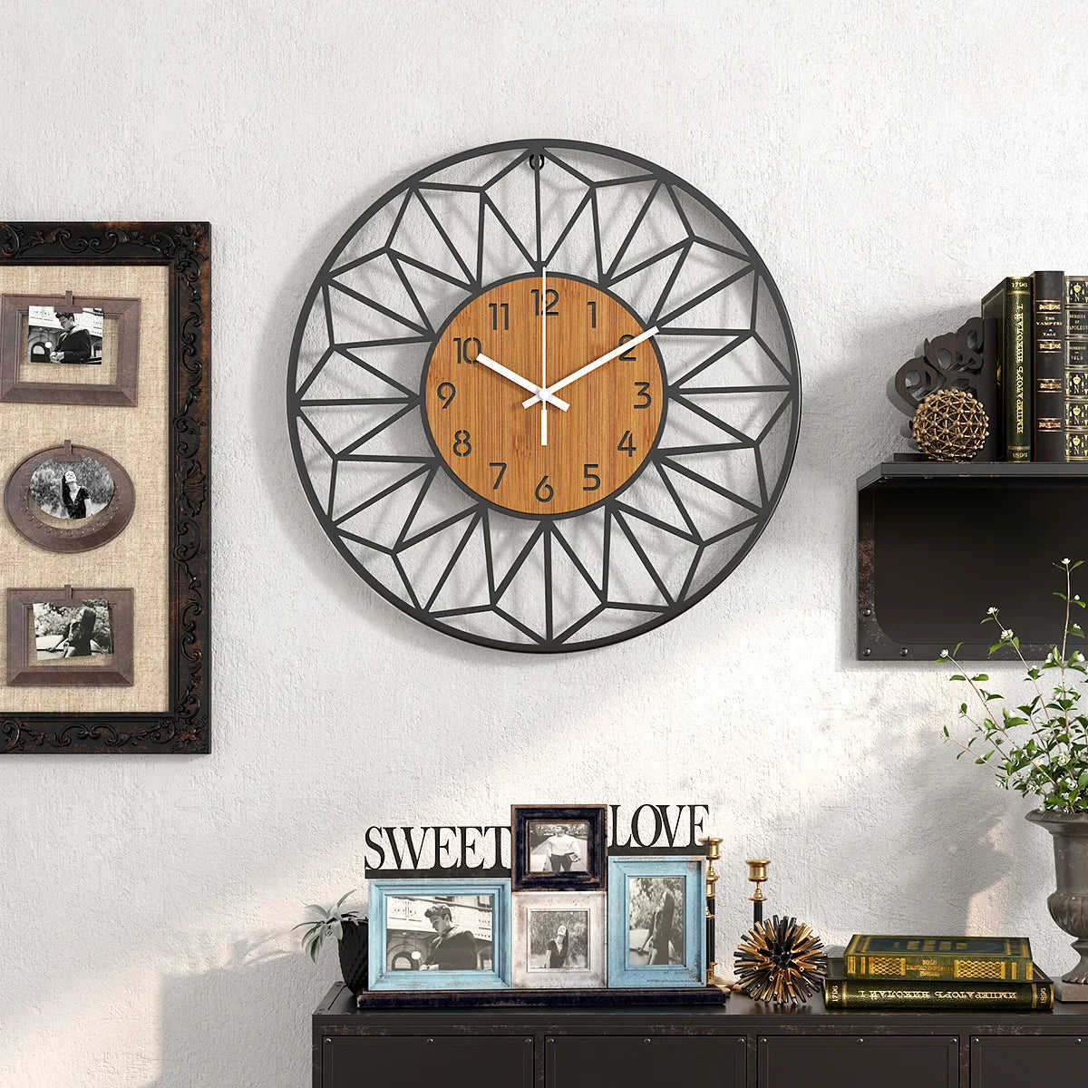 Geometric Metal Wall Clock with Hollow Frame and Simulated Wood Grain Dial for Living Room Decor