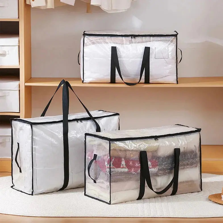 Transparent Large Capacity Quilted Storage Bag with Double Zipper for Closet Clothing