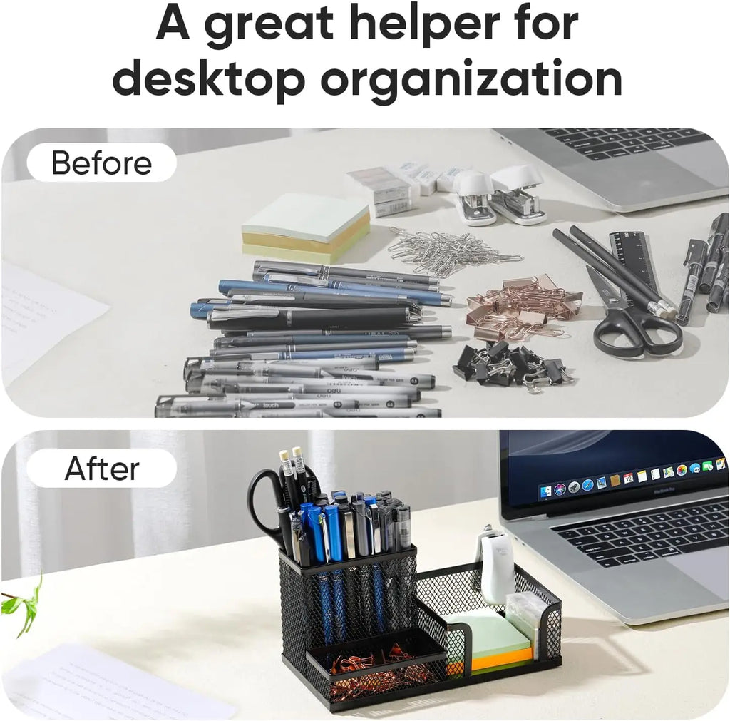Mesh Desk Organizer with Metal Pencil Holder and 3 Compartments for Office Supplies and Desktop Accessories
