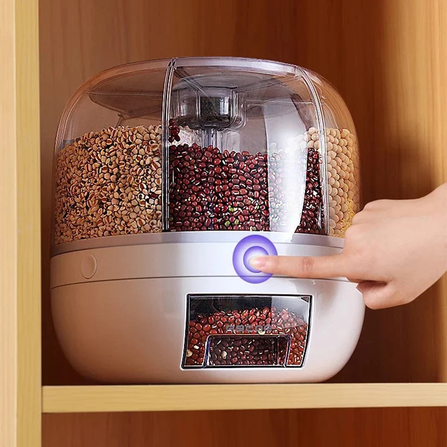 Rotating Food Dispenser with 6-Grid Airtight Design for Grains Cereal Rice and Dry Goods