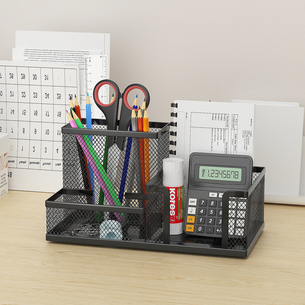 Mesh Desk Organizer with Metal Pencil Holder and 3 Compartments for Office Supplies and Desktop Accessories