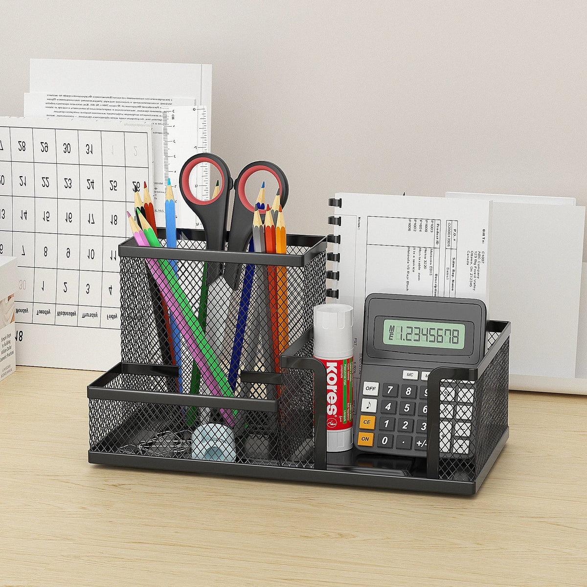 Mesh Desk Organizer with Metal Pencil Holder and 3 Compartments for Office Supplies and Desktop Accessories