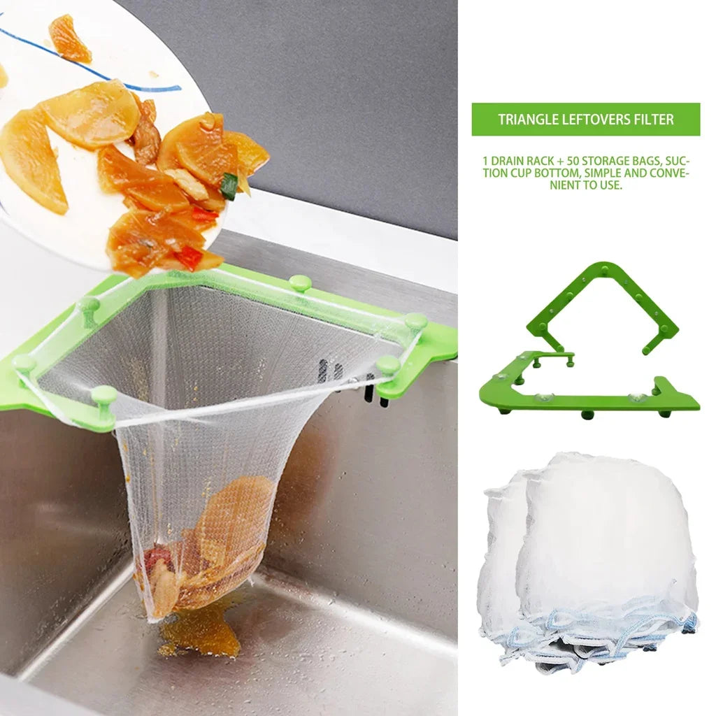 Triangular Sink Strainer Basket with Corner Rack Design for Kitchen Drain and Food Filtering (Included Tripod + Suction Cup + 50 Mesh)