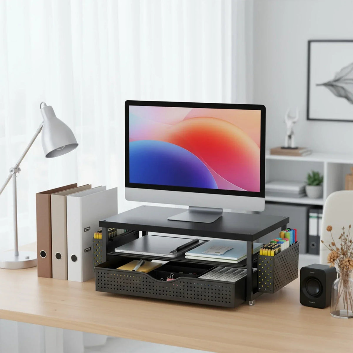 Wood Monitor Stand Riser with Drawer and Pen Holders for Office Desk Storage