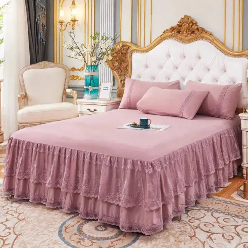 Three Layer Lace Ruffled Bed Skirt Non Slip Mattress Cover Dust Ruffle for Bedroom Use