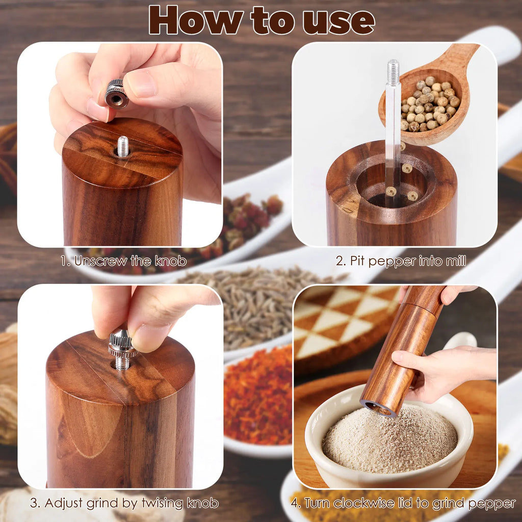 Wooden Pepper Grinder Set with Adjustable Coarseness Design for Sea Salt Peppercorns and Kitchen Seasoning