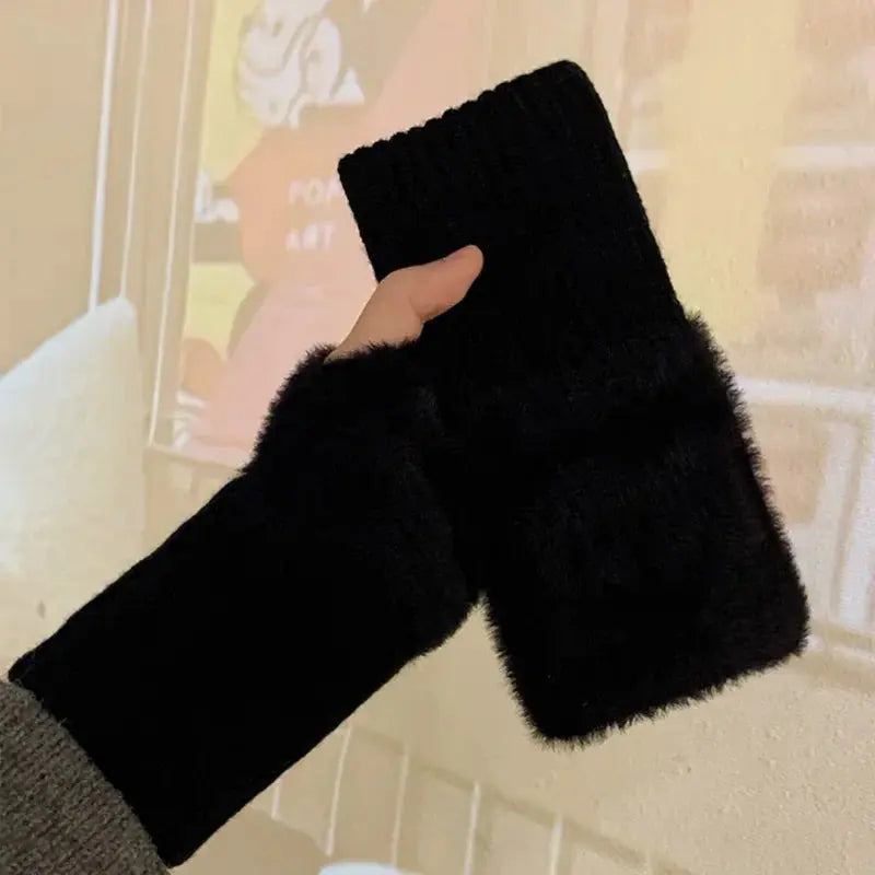 Women Fingerless Winter Gloves Soft Plush Knitted Wrist Mittens